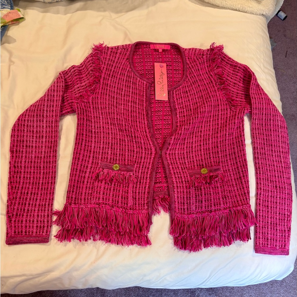 Lilly Pulitzer Simora Fringe Cardigan Pink Tweed Size Small